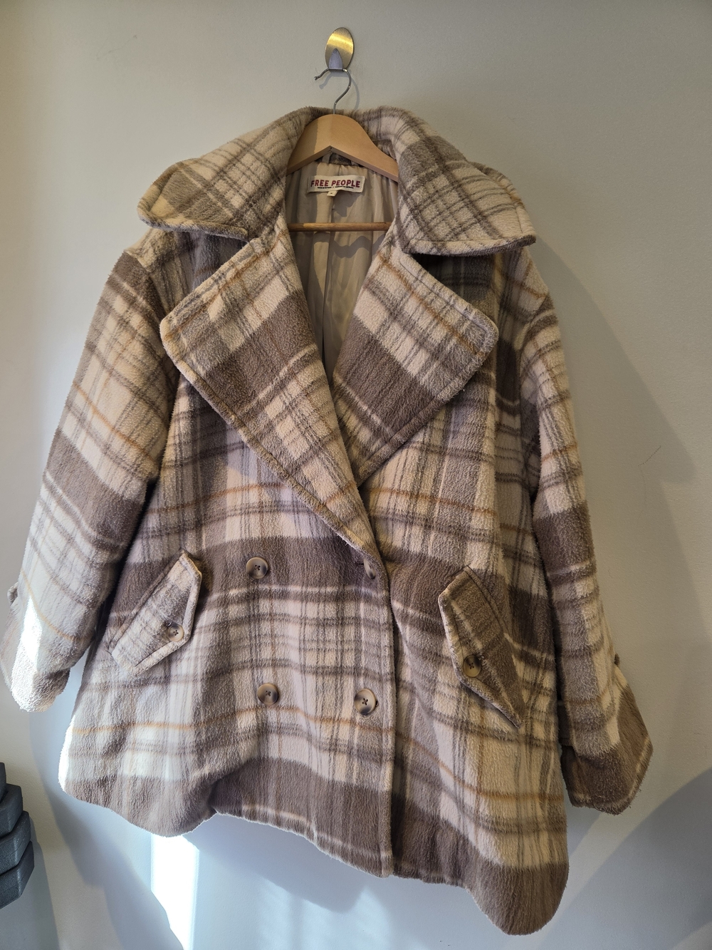 Free People Highlands Cream & Brown Plaid Wool Blend Peacoat Size M FITS LARGE